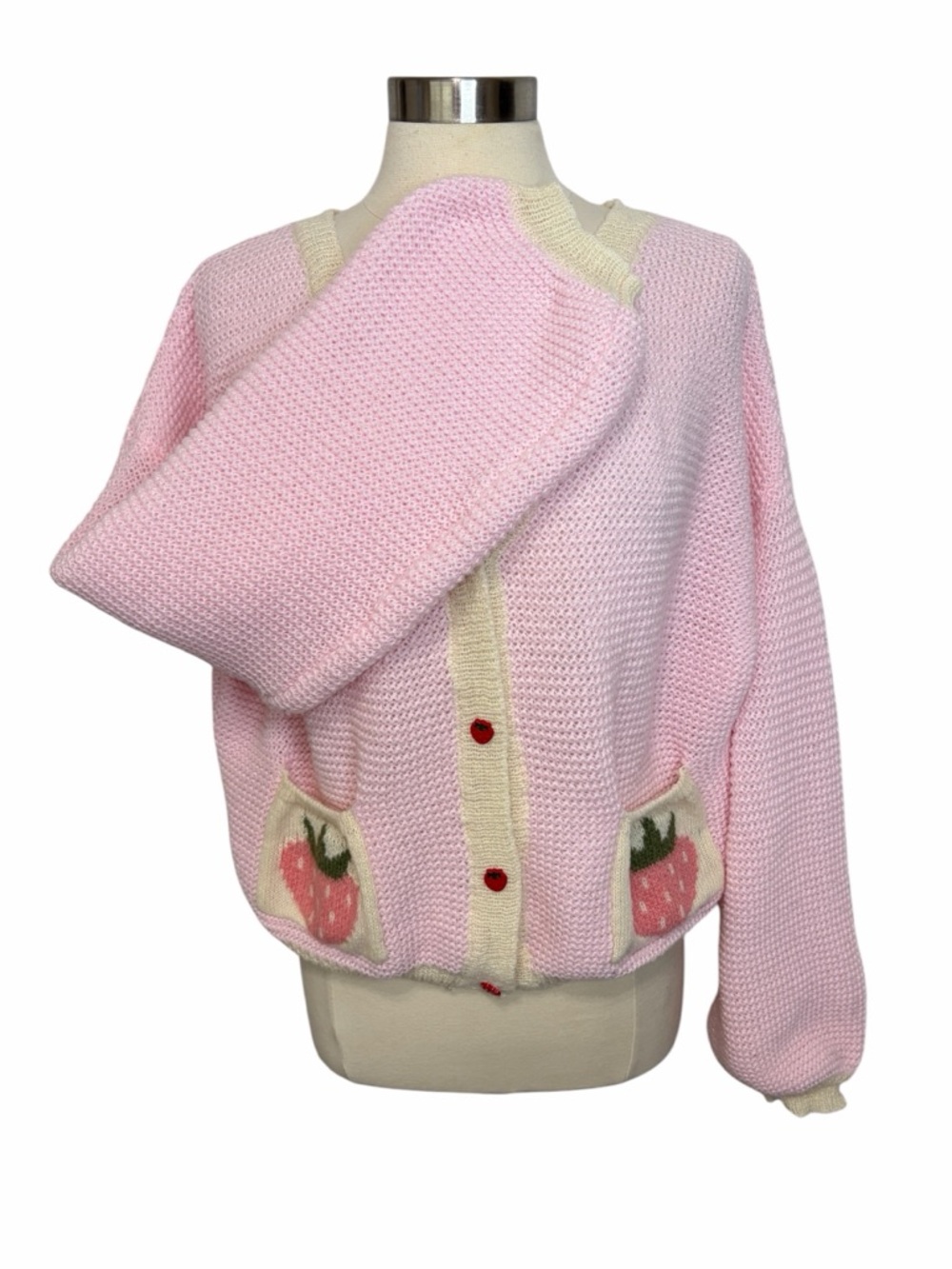 ROMWE Kawaii Strawberry Pattern Bishop Sleeve Sweater Cardigan, Large - Picture 6 of 12